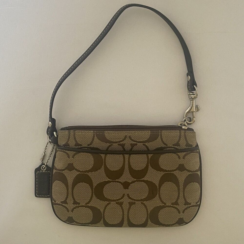 Coach Signature Brown Canvas Wristlet Zip Pouch Small Leather Trim